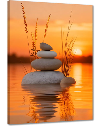 Zen Stone Canvas Wall Art, Sunset Lake Meditation Canvas Painting, Stacked Balance Stones Nature Landscape Artwork, Spa Relaxing Wall Decor for Bathroom Bedroom Living Room, Ready to Hang 12x16 16x24