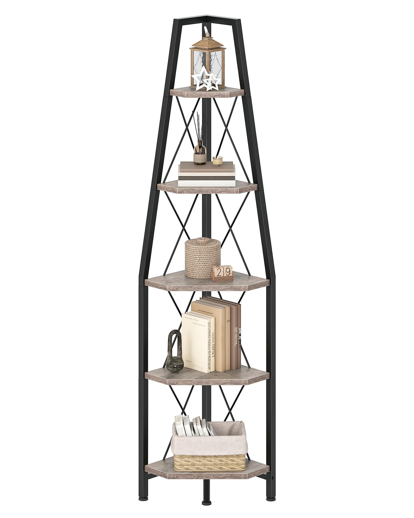 CHOEZON 5-Tier Corner Shelf, Corner Bookshelf, Ladder Shelf, Floor Standing Storage Rack, Open Display Stand, Plant Stand, for Living Room, Bedroom, Study, Bathroom, Greige and Black TCJ22BG