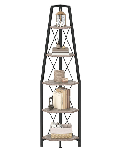 CHOEZON 5-Tier Corner Shelf, Corner Bookshelf, Ladder Shelf, Floor Standing Storage Rack, Open Display Stand, Plant Stand, for Living Room, Bedroom, Study, Bathroom, Greige and Black TCJ22BG