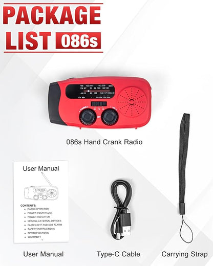 Hand Crank Radio with AM/FM/NOAA Weather Band,for Emergencies, Camping | 3 LED Flashlights,SOS Function,Solar Powered,Hand Cranked, 2000mAh/7400mWh Charger,for Power Outage - Red