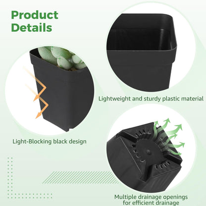 Skdqiee 200 Pack 3 Inch Black Nursery Pot Square Plastic Plant Pots, Seed Starting Planter with Drainage Holes for Succulents, Seedlings, Garden Office Balcony Indoor Outdoor