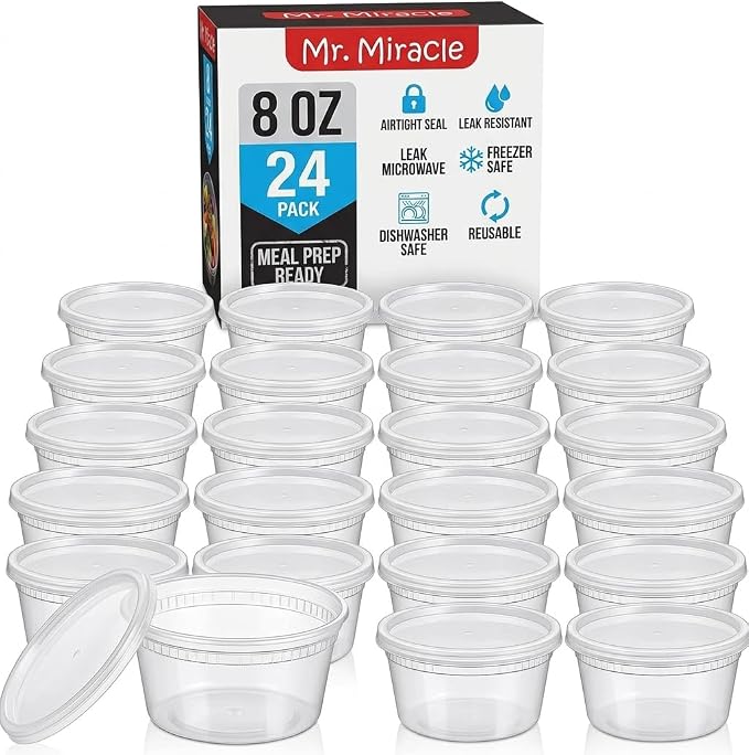 Mr Miracle 8OZ Deli Containers with Lids - 24 Pack of 8 oz Clear Airtight Reusable Plastic Food and Multi-Purpose Deli Containers - Microwave, Freezer, and Dishwasher Safe