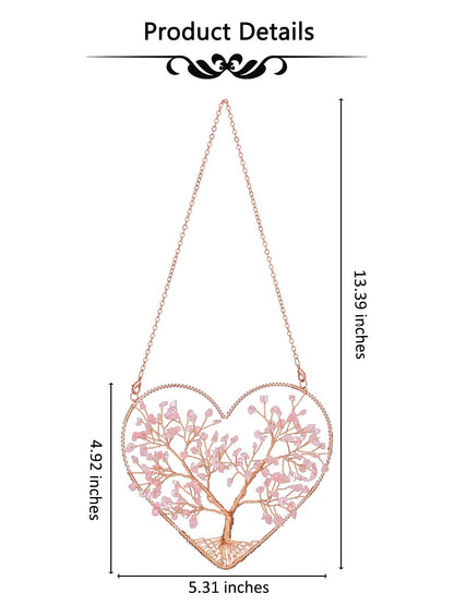 CrystalTears Rose Quartz Crystal Tree Life Heart Hanging Ornament for Home Wall Window Room Decor, Healing Crystals Gemstone Wall Hanger, Positive Crystal Gifts for Women Mom Birthday Christmas