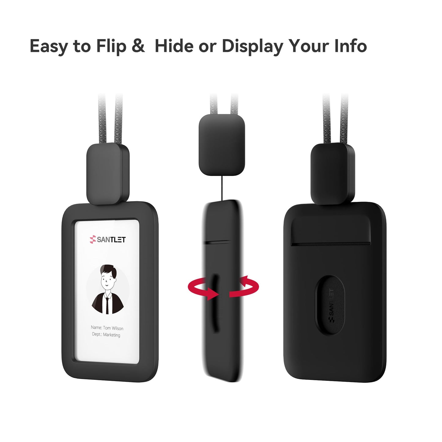 Lanyards for ID Badges Holder, SANTLET Silicone ID Badge Holder Name Card Case Protector with Retractable Cord, Safety Breakaway Buckle, 2 Card Slots for Office Staff Teachers Employees Cruising Black