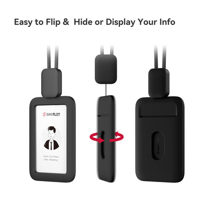 Lanyards for ID Badges Holder, SANTLET Silicone ID Badge Holder Name Card Case Protector with Retractable Cord, Safety Breakaway Buckle, 2 Card Slots for Office Staff Teachers Employees Cruising Black