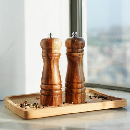 DeroTeno Salt and Pepper Mill Set, Set of 2 Salt and Pepper Grinder with Ceramic Grinder, Acacia Wood, Height 16.5 cm / 6 inch ((Tray is not Included)