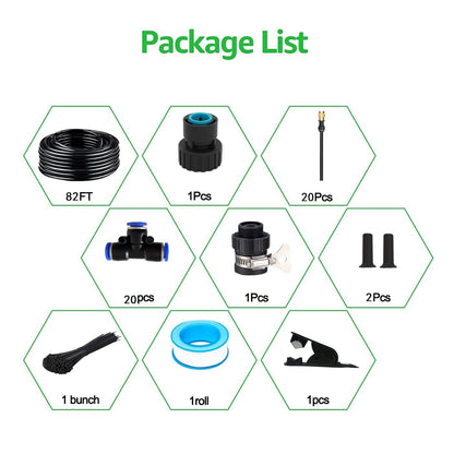 82FT Drip Irrigation Kit, Automatic Garden Watering System with Tool-Free Quick Connectors, 360° Bending Drippers & Copper Misting Nozzles for Greenhouse, Patio, Lawn & Vegetable Garden. (25M)