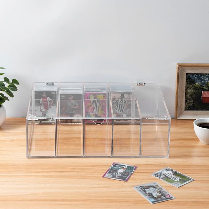 MyGift 5 Compartment Trading Cards Storage Box - Premium Clear Acrylic Collectors Sports Card Protective Case with Hinged Lid, Magnetic Closure, and Removable Dividers
