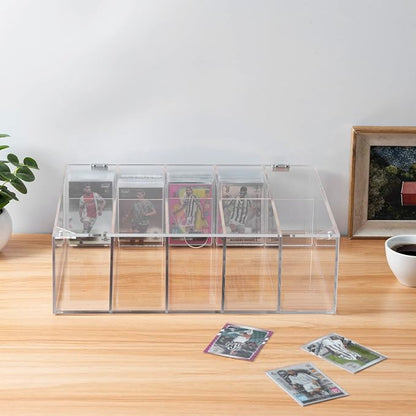 MyGift 5 Compartment Trading Cards Storage Box - Premium Clear Acrylic Collectors Sports Card Protective Case with Hinged Lid, Magnetic Closure, and Removable Dividers
