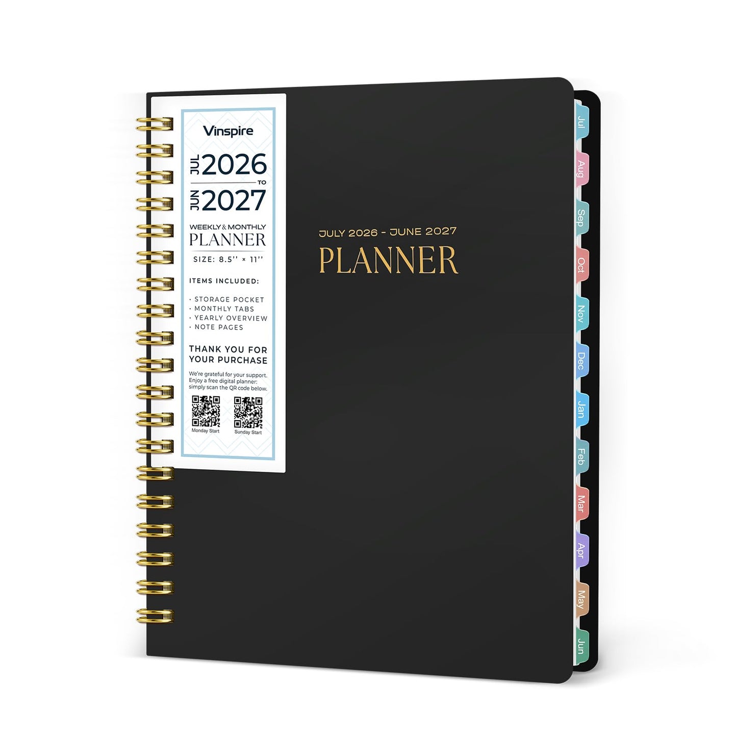 Vinspire 2026 Planner - Yearly, Monthly, and Weekly Planner 2026-2027 for Teachers & Students - Spiral US Academic Year Student Calendar Planners with Notes Pages 2026 Planner Weekly and Monthly - Large (Black, 8.5"×11")