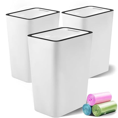 Lysam Small Trash Can, 3 Pack 4 Gallons Bathroom Garbage Can with Lid Press-Top, Small Waste Basket with Trash Bags, Slim Plastic Garbage Bin for Dorm, Office, Bedroom, Kitchen, Living Room (White)