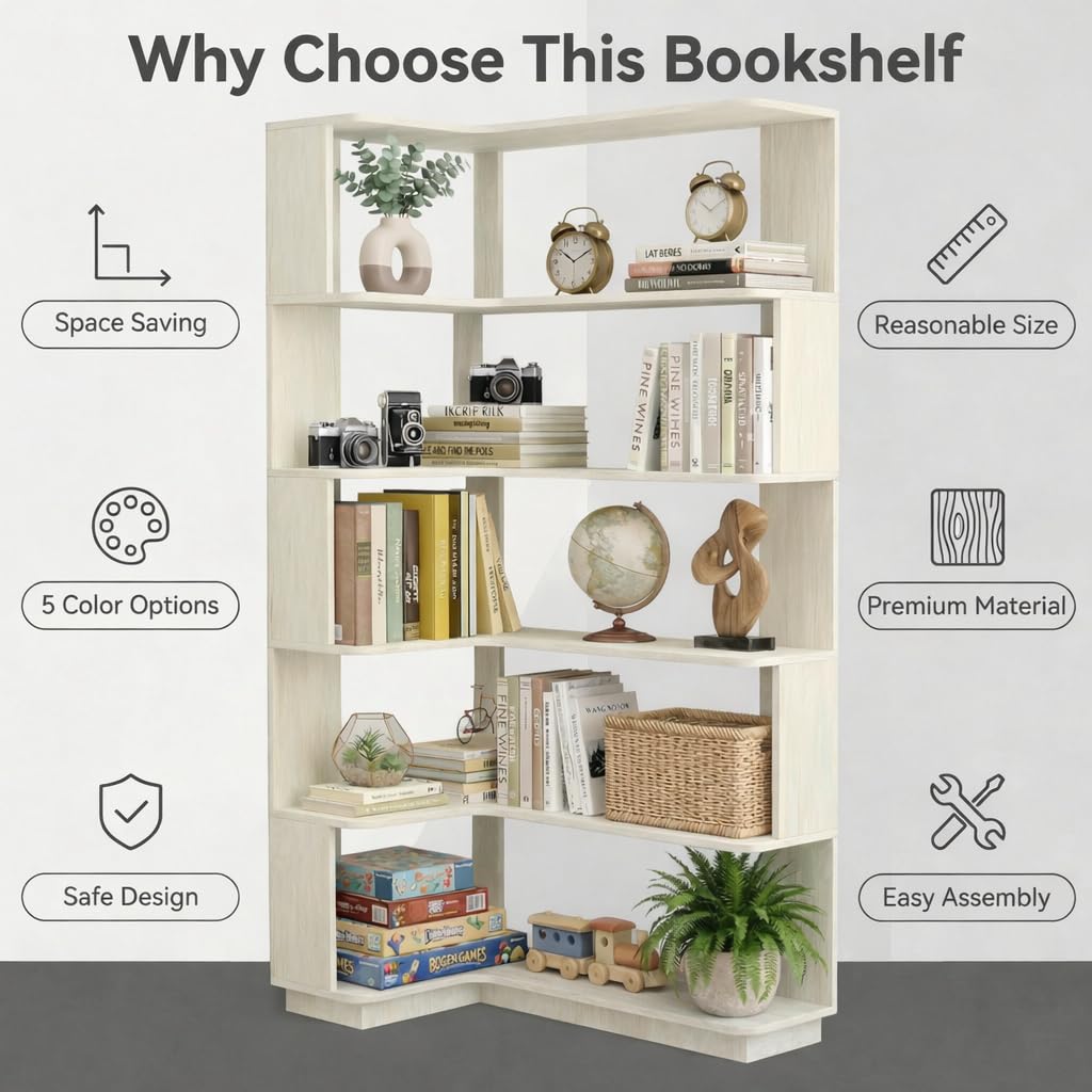 Arvolia 6 Tier Corner Bookshelf, Freestanding L-Shaped Wooden Bookcase with Open Shelves, Anti-Fall Panels and Anti-Tipping Device for Living Room, Home Office (White with Right Extension)