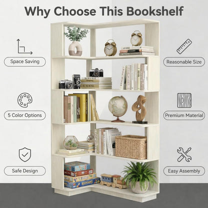 Arvolia 6 Tier Corner Bookshelf, Freestanding L-Shaped Wooden Bookcase with Open Shelves, Anti-Fall Panels and Anti-Tipping Device for Living Room, Home Office (White with Right Extension)