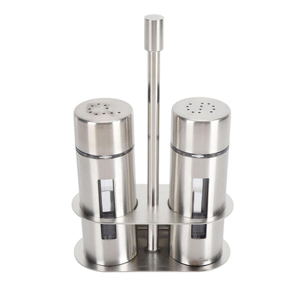 Salt and Pepper Shakers Set with Holder, Stainless Steel Spice Seasoning Bottle with Glass Window, Refillable Salt Pepper Dispenser Containers for Home Kitchen Countertop, BBQ, Bar, RV, Camp (S)