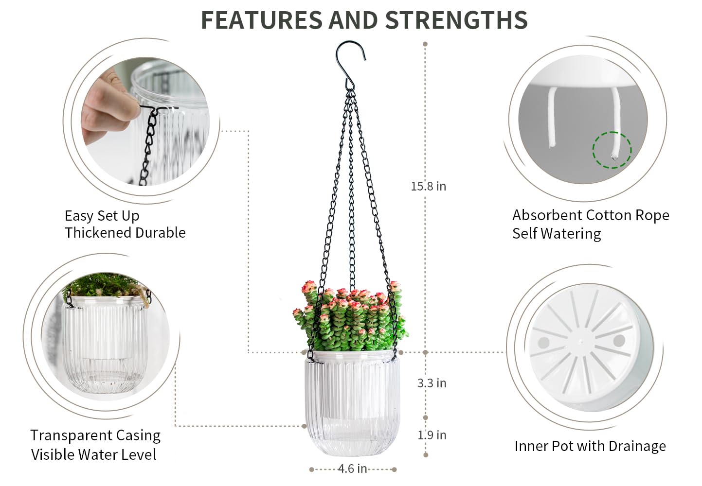 Josteve 4.5 Inch 2 Pcs Self Watering Hanging Planter Indoor Plant Pots Drainage Holes, Outdoor Small Hanging Planters Flower Pot Basket, Visible Water Level, Plant Hanger Home Decor, Gardening