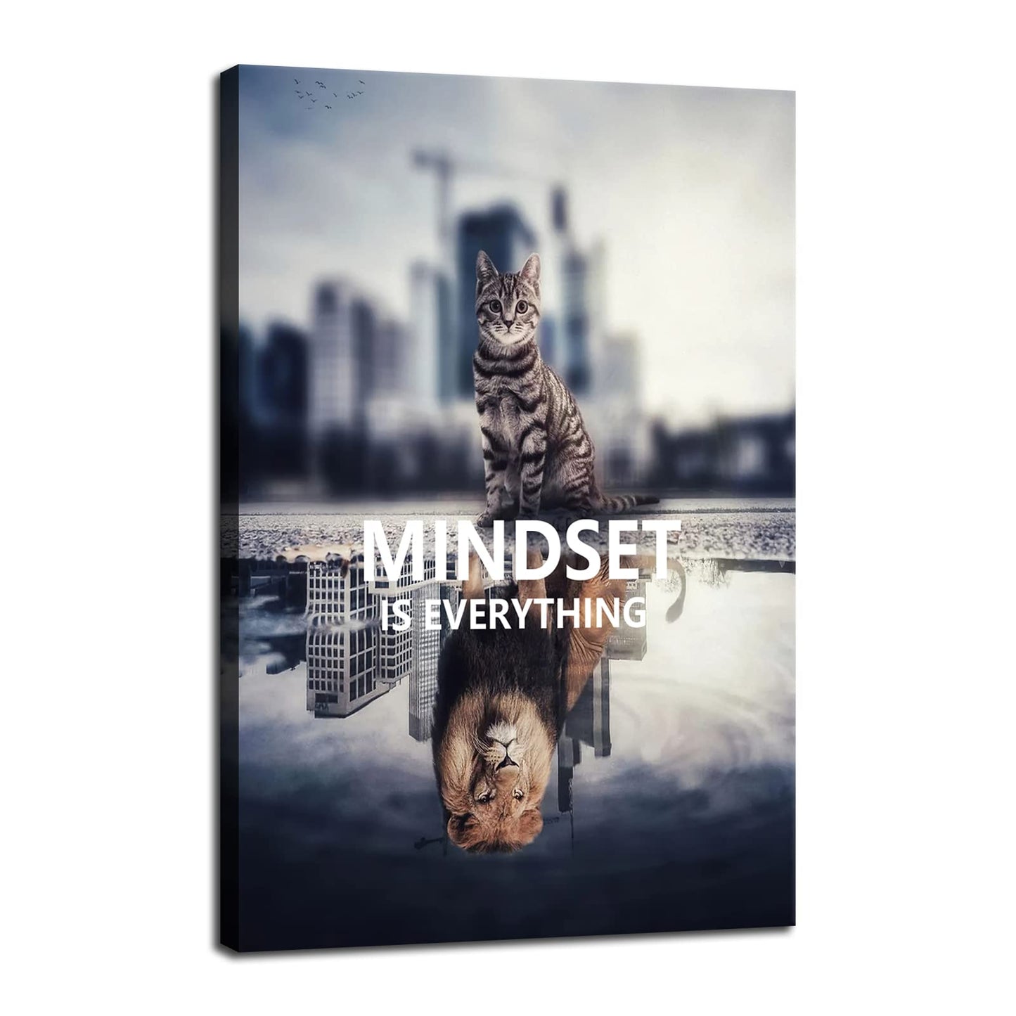 Inspirational Animal Cat And Lion Mindset is Everything Inspirational Wall Art Canvas Print Artwork Frame Decoration Modern Home Decoration Living Room Bedroom Ready to Hang[12''W X 18''H]