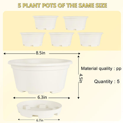 KPUVX 5 Pack 8.5 inch Plant Pot,Outdoor Flower Pots,Plastic pots for Plants Indoor with Drainage Holes and Trays, Decorative Garden Containers Sets for Houseplants