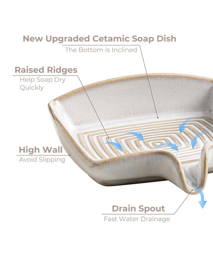 Soap Dishes, Ceramic Shower Soap Dish with Waterfall Design Bar Soap Holder Self Draining Soap Saver for Shower, Bathroom, Sink, Kitchen and Countertop, Beige White