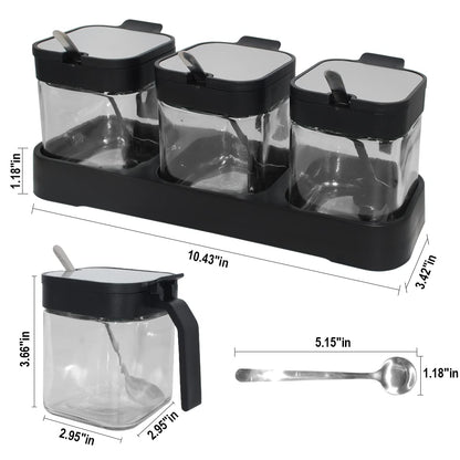 Glass Condiment Spice Jars,5.6Oz/255 ml Condiment Jar Spice Container with Lids and Spoons and Tray,Clear Glass Condiment Canisters Pots for Salt Pepper,Seasoning Box 3 Set for Kitchen Counter