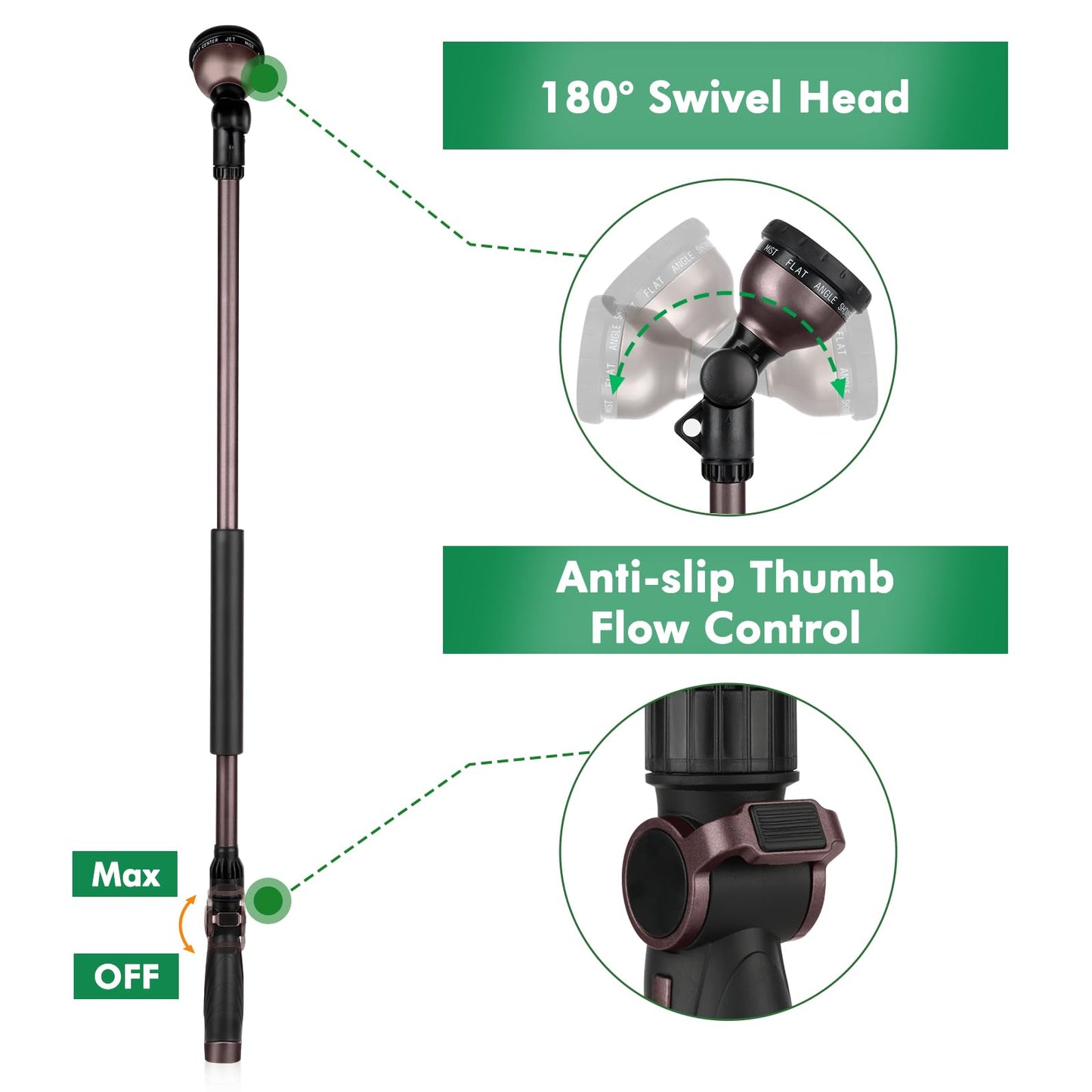 RESTMO 36”Long Watering Wand, 180° Swivel Head Metal Garden Hose Wand with 10 Spray Patterns, 3ft Heavy Duty Hose Nozzle Sprayer with Thumb Flow Control, Ideal to Water Hanging Baskets, Shrubs