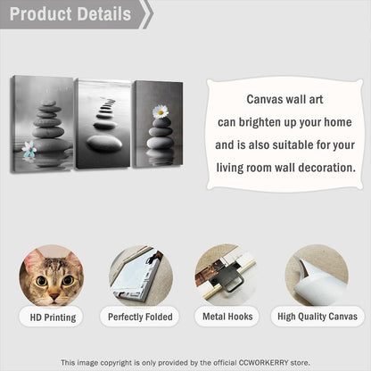 CCWORKERRY 3PCS Zen Stones Canvas Wall Art Black and White Zen Stone Painting Calming Meditation Wall Decor for Yoga Studio Office Spa Bathroom (gray,11W x14L x3)