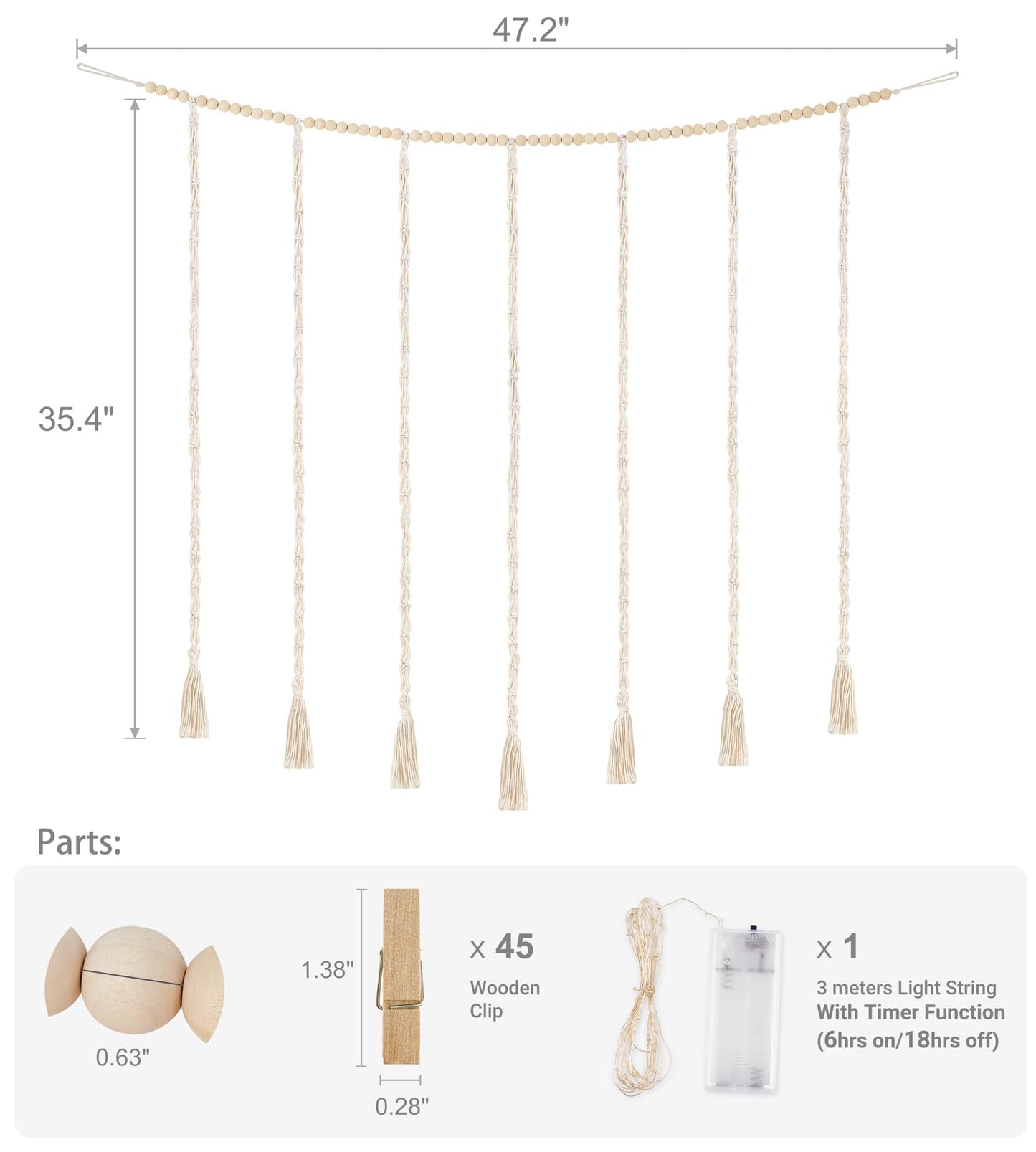 Mkono Macrame Hanging Photo Display with Lights and Macrame Storage Baskets for Bedroom, Living Room, Nursery, Dorm, Teen Girl Gifts, Set of 3