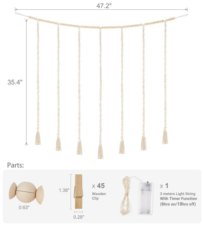 Mkono Macrame Hanging Photo Display with Lights and Macrame Storage Baskets for Bedroom, Living Room, Nursery, Dorm, Teen Girl Gifts, Set of 3