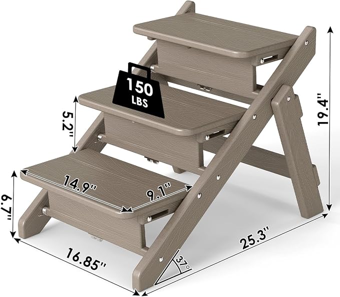 Dog Stairs and Steps, HDPE Plastic Wood Grain, 2-in-1 Foldable Pet Ramp for Small and Medium Dogs and Cats, for Bed Couch and Car, No Assembly Required, Supports Up to 150lbs