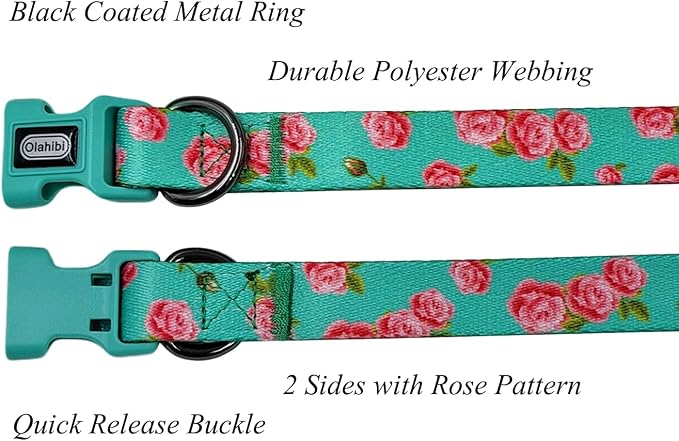 Dog Collar Leash Set, Floral Pattern, Polyester Material, Adjustable Collar and 5ft Matching Leash, for Medium Dogs.(M, Green Rose)