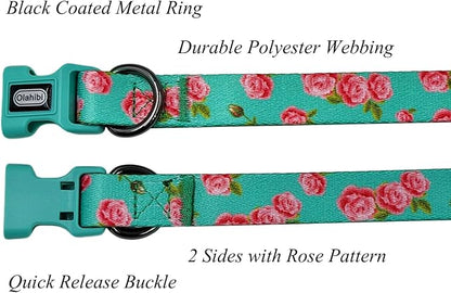 Dog Collar Leash Set, Floral Pattern, Polyester Material, Adjustable Collar and 5ft Matching Leash, for Medium Dogs.(M, Green Rose)