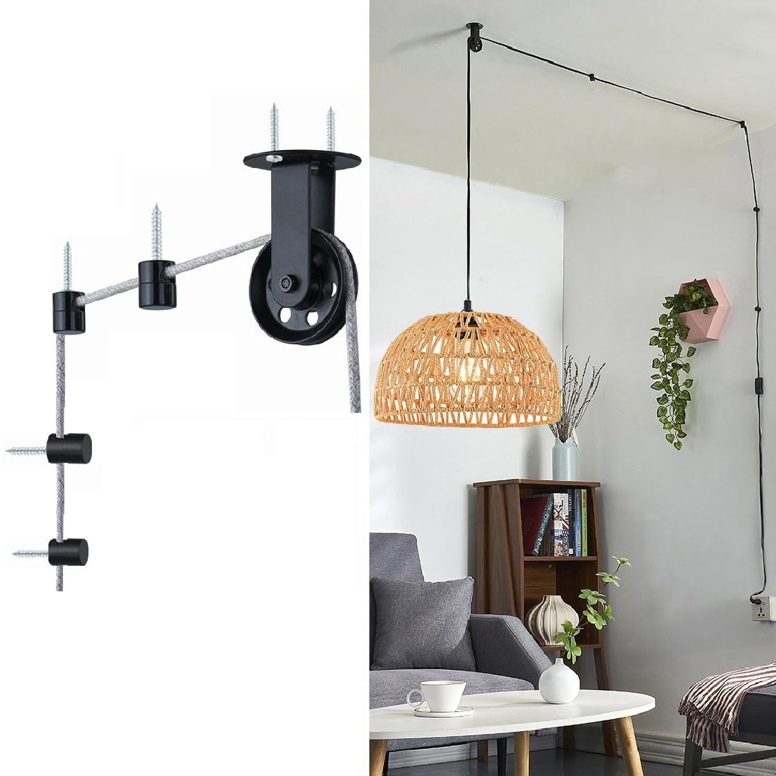 Pulley Wheel for Plug in Pendant Light, Wall Ceiling Mount Pulley for Hanging Lamp, 1 Pack Pulley Wheel and 4 Pack Swag Hooks for Hanging Electric Wire Cable Cord Chandelier Plant Grow Lights (Black)
