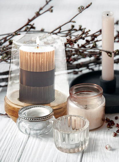Serene Spaces Living Glass Hurricane with Natural Wood Base, Decorative Candle Holder, Glass Terrarium Vase, Bud Vase, Potpourri Container, Wedding, Event, Home Decor, 7.75" Diameter & 9.75" Tall