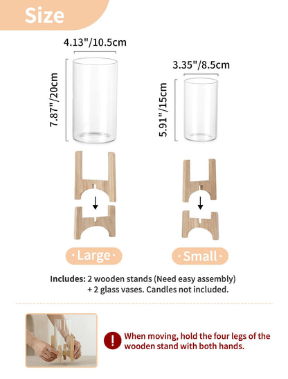 NUPTIO Hurricane Glass Candle Holders: Set of 2 Pillar Candle Holders with Wooden Stands - Mid Century Organic Modern Vases for Dining Table Centerpieces Decor