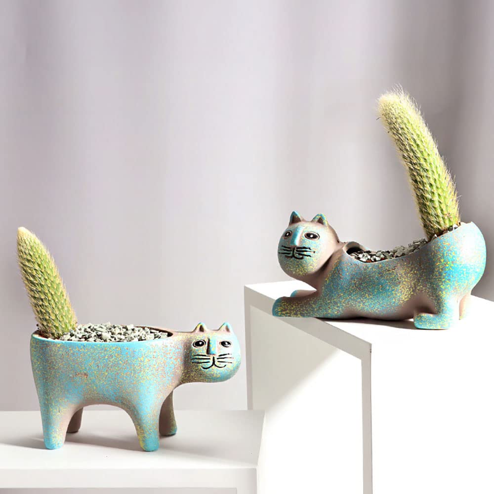 DIYOMR Cat Planter Animal Succulent Pots, Ceramic Cat Mini Flower Pots Cactus/Plants Containers for Home Office Desk Windowsill Decor, Plants Not Included (Light Blue)