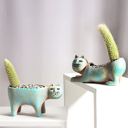 DIYOMR Cat Planter Animal Succulent Pots, Ceramic Cat Mini Flower Pots Cactus/Plants Containers for Home Office Desk Windowsill Decor, Plants Not Included (Light Blue)