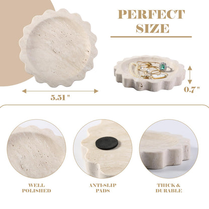 Koville 5.51" Travertine Tray, Natural Stone Trinket Dish for Ring Perfume, Round Scalloped Decorative Tray for Bathroom Vanity Dresser Countertop, Home Table Decor