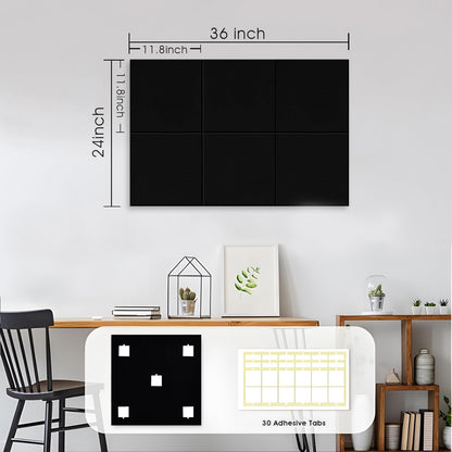 Large Cork Board for Office Wall Decor, 36"x24"- 6 Pack Felt Wall Tiles with Safe Removable Adhesive Tabs, 1/2" Thick, Felt Bulletin Board Pin Board Cork Boards for Walls - Black