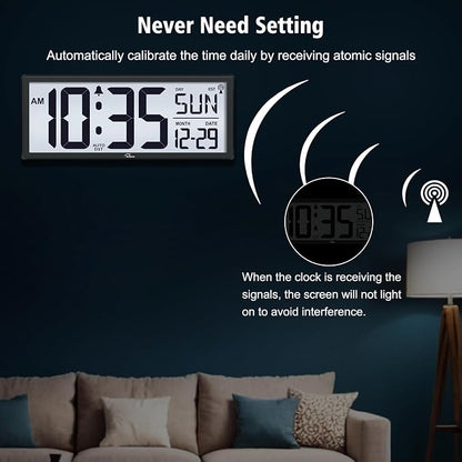 WallarGe 14.5'' Atomic Clock with Backlight, Large Digital Wall Clock Battery Operated, Large Display with Temperature and Date, Easy to Read and Set Digital Wall Clock, Auto DST