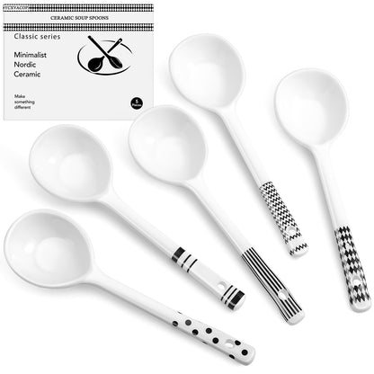 Ycxvacop 5 Pieces Ceramic Spoons,Asian Soup Spoon,Ramen Spoons,Japanese Soup Spoons,Ceramic Large Soup Spoons Chinese Soup Spoons for Pho,Wonton,Dumpling,Noodles (Black-6.5 in)