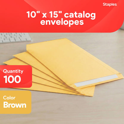 Staples 10 x 15 Clasp Catalog Envelopes, Brown Kraft, Gummed Seal with Metal Clasp, Heavy‑Duty Mailing Envelopes for Documents, 100/Pack