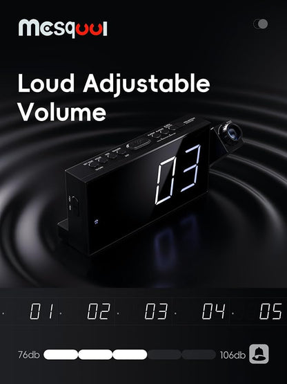 Mesqool Projection Alarm Clock with Bed Shaker, Dual Alarms, 180° Projector, 5-Level Dimmer, USB Phone Charger, Battery Backup, Loud Vibrating Alarm Clock for Heavy Sleepers, Snooze, DST