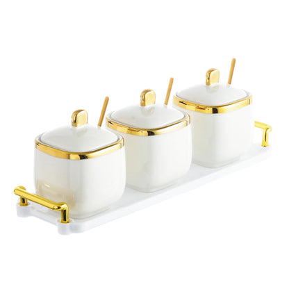 EABOSON 3 Pack Gold Condiment Spice Jars with Lids, Spoons, Tray - Ceramic Seasoning Box Set for Salt, Pepper, Sugar - Kitchen Storage
