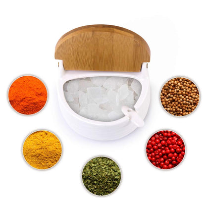Ceramic Sugar Salt Bowl with Bamboo Lid and Spoon, LUCKY GODDNESS 9.1 fl oz Porcelain Container Jar for Pepper with Chalkboard Label, for Housewarming
