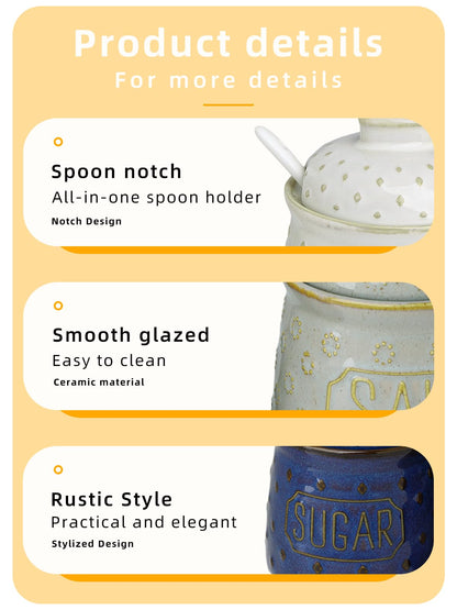 GDCZ 10 Oz Ceramic Salt and Sugar Bowls Set with Lid and Spoons, Seasoning Container, Dishwasher Safe, Set of 2 (White)