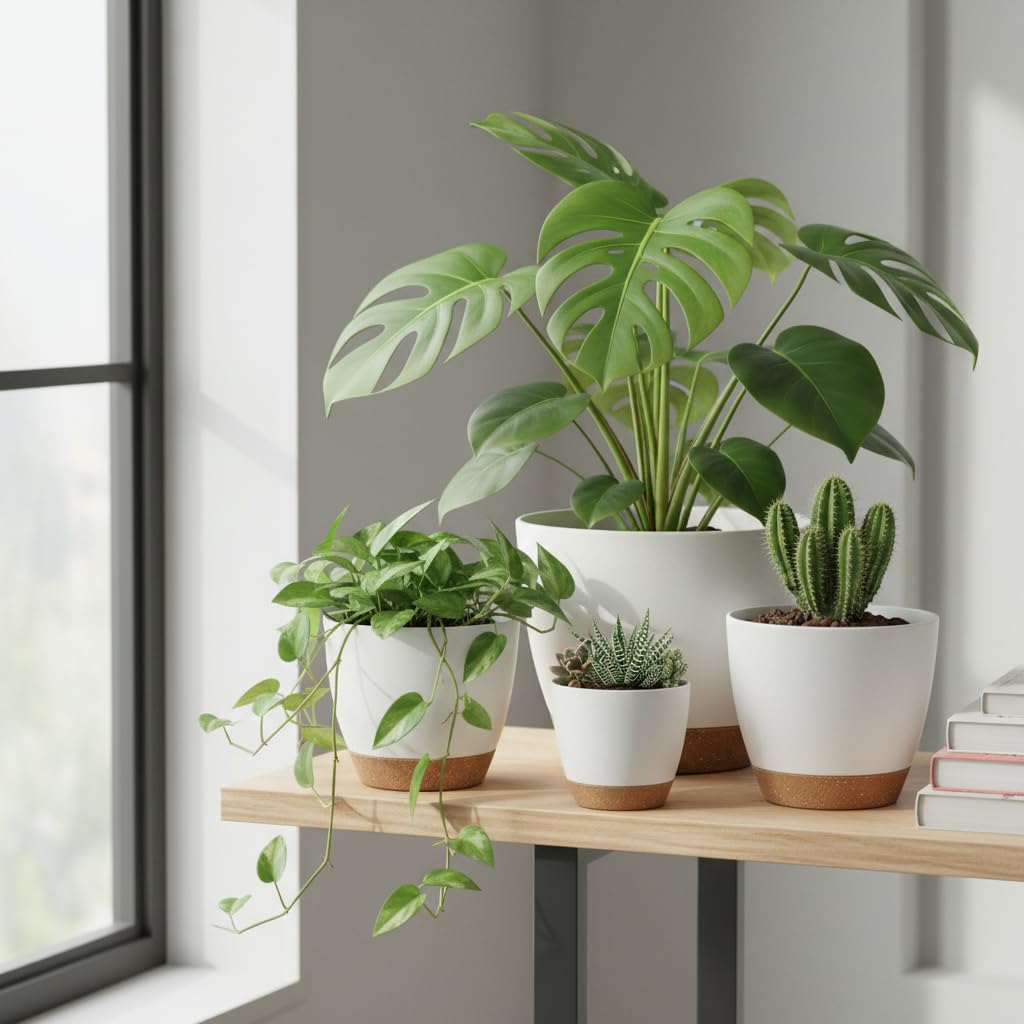 LIFFY Plant Pots, 8,7.5,7,6.5,6,5.5,5 Inch Plastic Self Watering Planters with Drainage Holes & Saucers, 7-Pack White Nursery Planting Pot with Deep Reservoir for Indoor Outdoor Plants