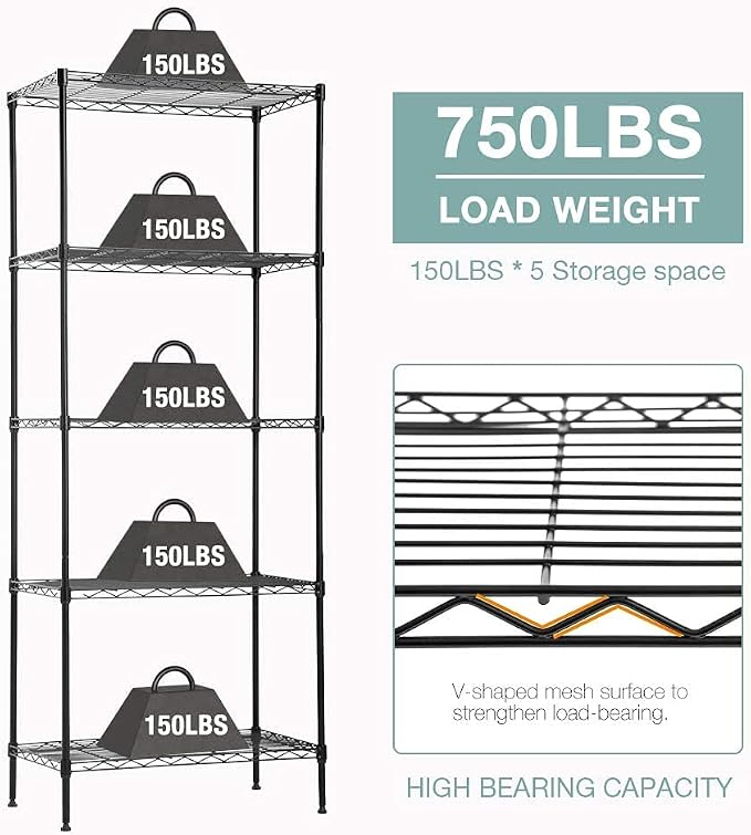 FDW 14Dx24Wx60H Wire Rack 5 Shelf Storage Unit Wire Shelving Unit Metal Shelf Organizer Heavy Duty Certification Commercial Grade Rack Utility for Bathroom Office Kitchen (Black)