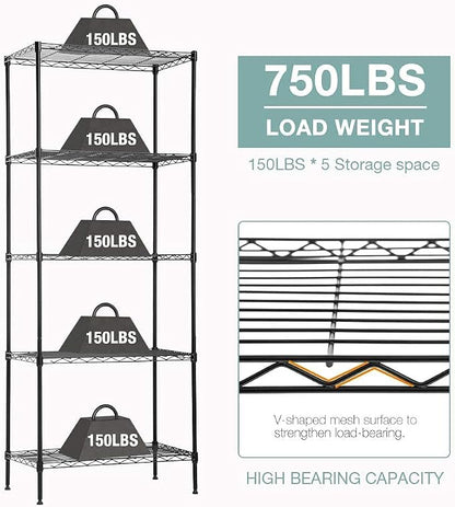 FDW 14Dx24Wx60H Wire Rack 5 Shelf Storage Unit Wire Shelving Unit Metal Shelf Organizer Heavy Duty Certification Commercial Grade Rack Utility for Bathroom Office Kitchen (Black)