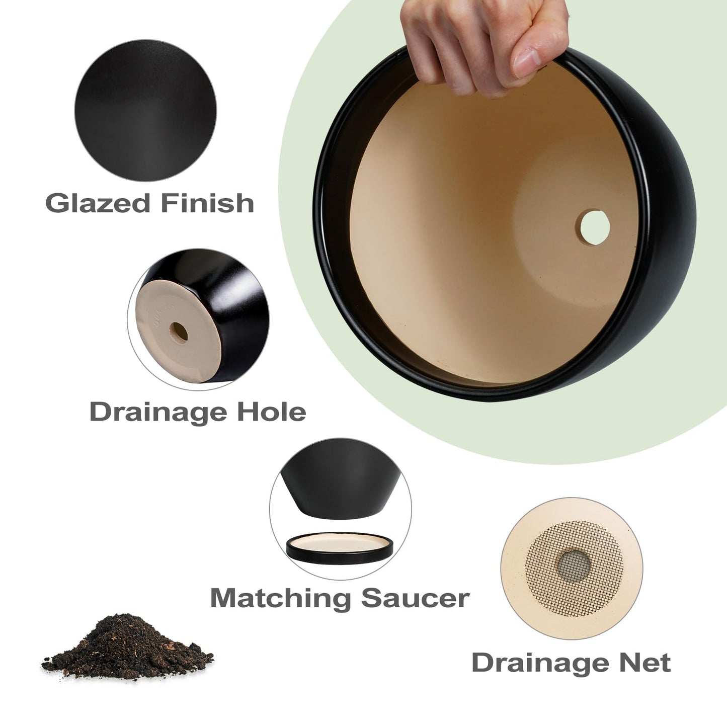 EPFamily Ceramic Planter - 10 Inch Plant Pot with Drainage Hole and Tray, Round Flower Pots, Planters for Indoor Plants, Modern Room Garden Patio Bathroom Living Room Porch Home Decor, Black