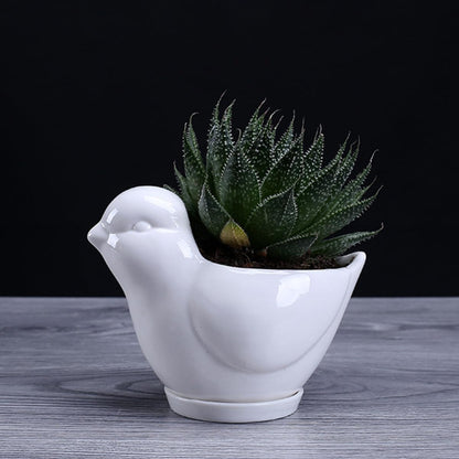 GLEAVI Ceramic Succulent Plant Pot Bird Shape with Tray Small White Flower Pot Indoor Desktop Planter for Home Office Garden Decoration