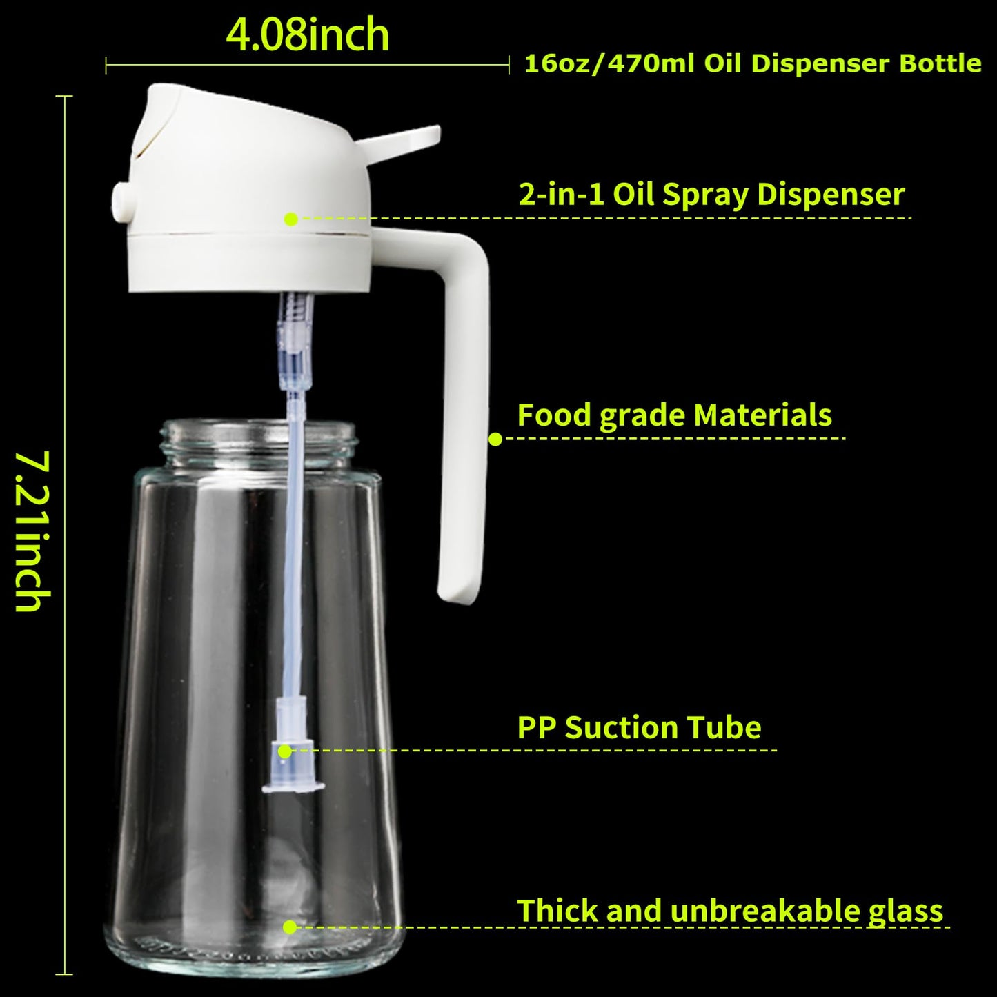 2 Pack Oil Sprayer for Cooking, 2 in 1 Olive Oil Dispenser Bottle for Kitchen, 16oz/470ml Oil Dispenser Bottle, Food-grade Glass Oil Mister for Air Fryer, Oven & Steak Frying,Black&Cream White